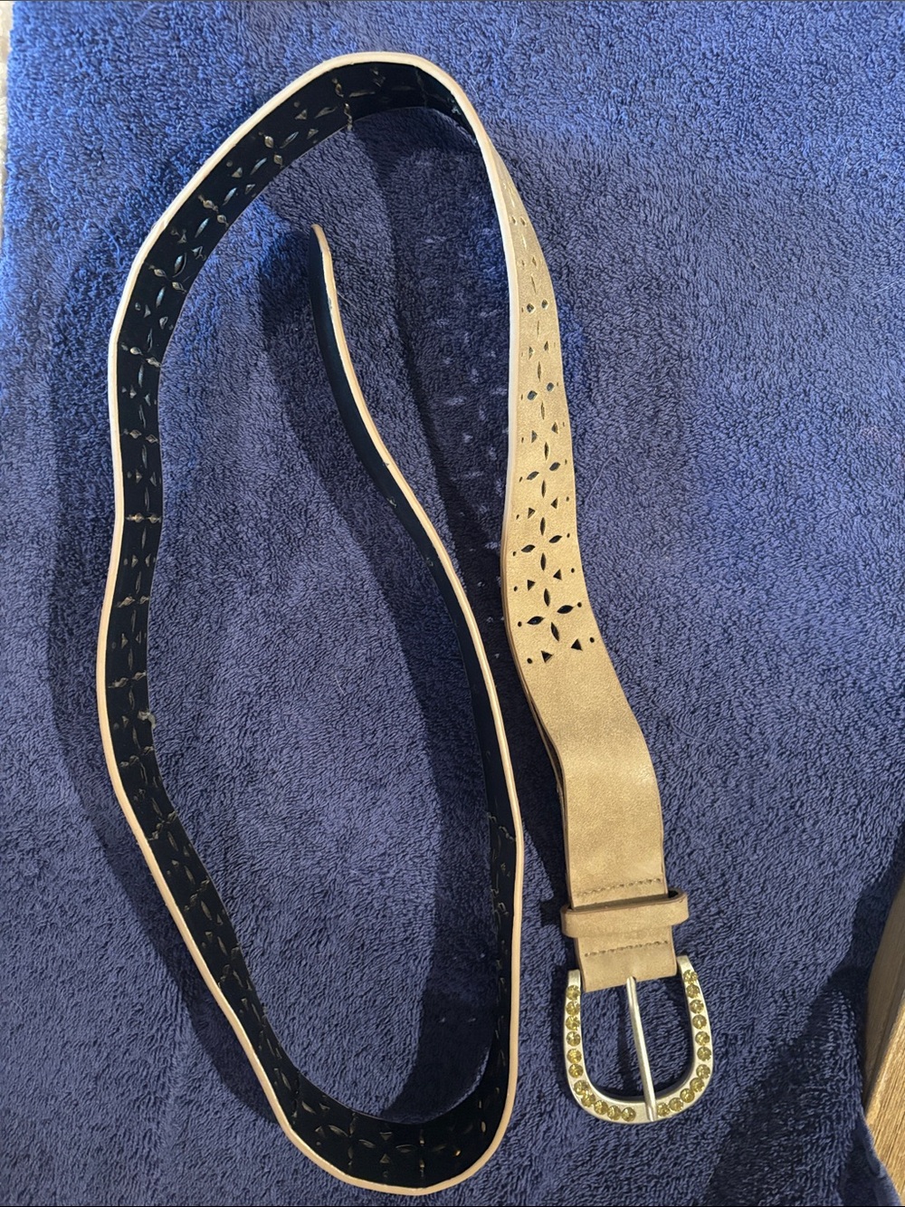 Source Unknown Tan Laser-Cut Belt with Crystal-Studded Gold Buckle